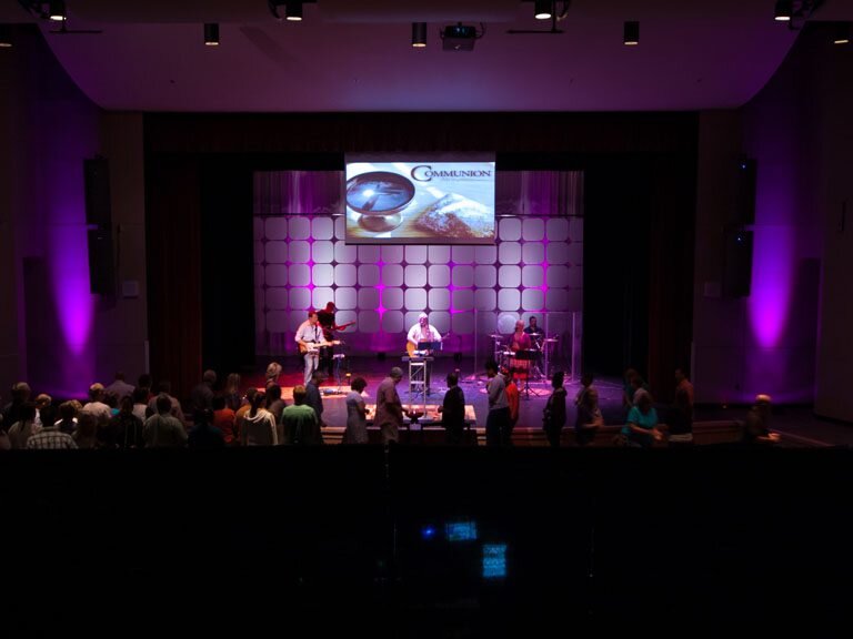 Conventional lights were integrated with production lighting in Hope Church – Charlotte, NC.